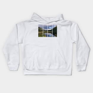 Wonderful landscapes in Norway. Nordland. Beautiful scenery of a white house in a valley on the Lofoten Islands. Summer sunny day Kids Hoodie